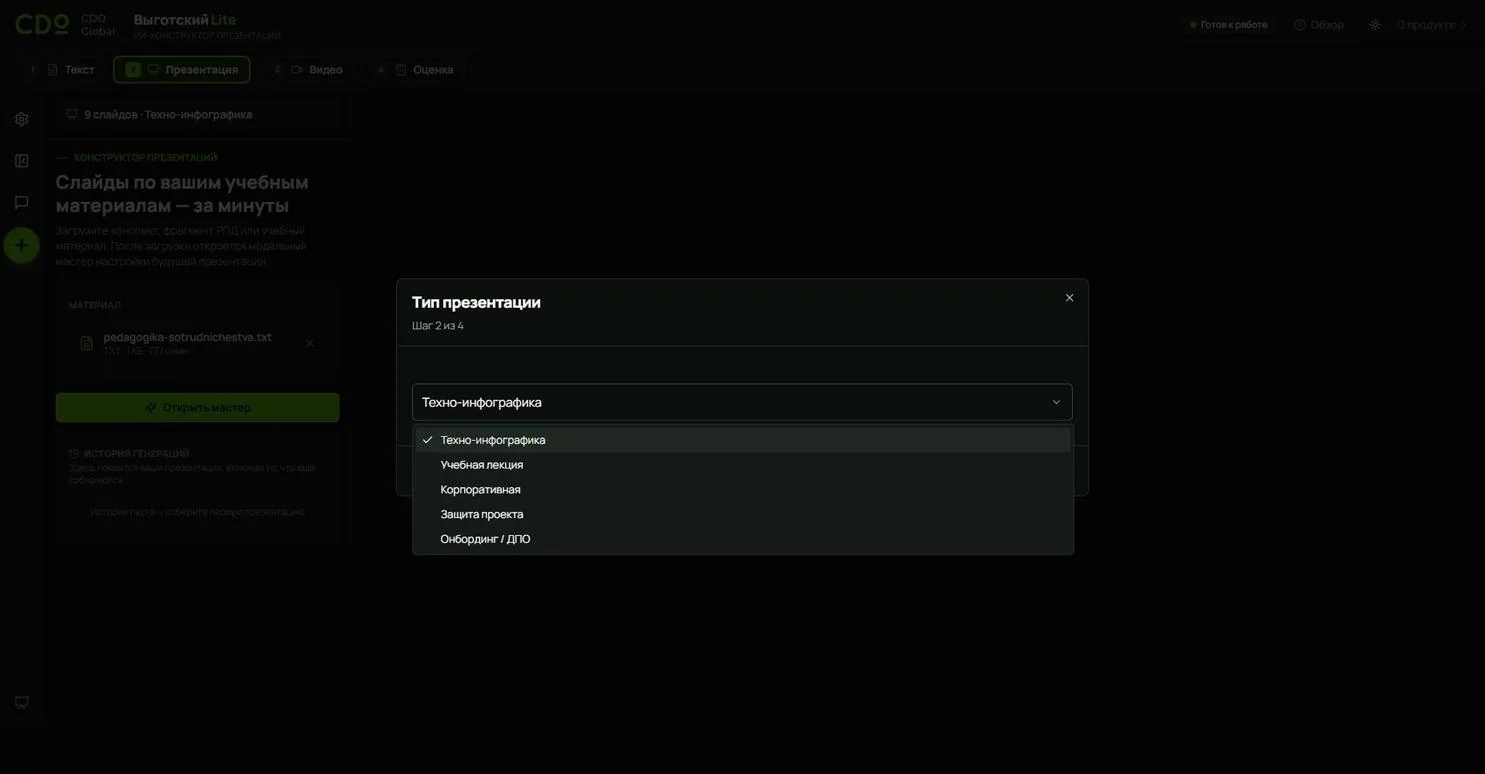 Мастер настройки, шаг 2: открыт список из пяти типов презентации